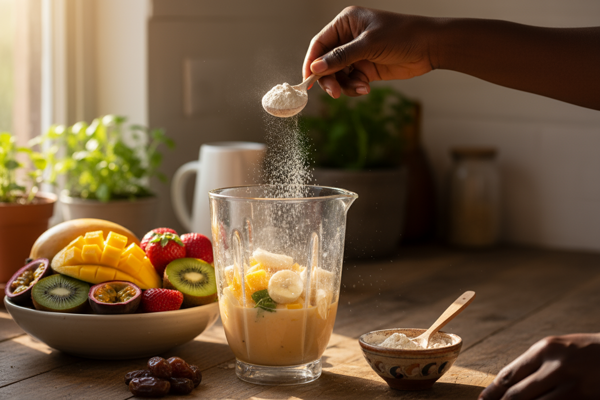 main noir qui prépare un smoothie à base de poudre de baobab